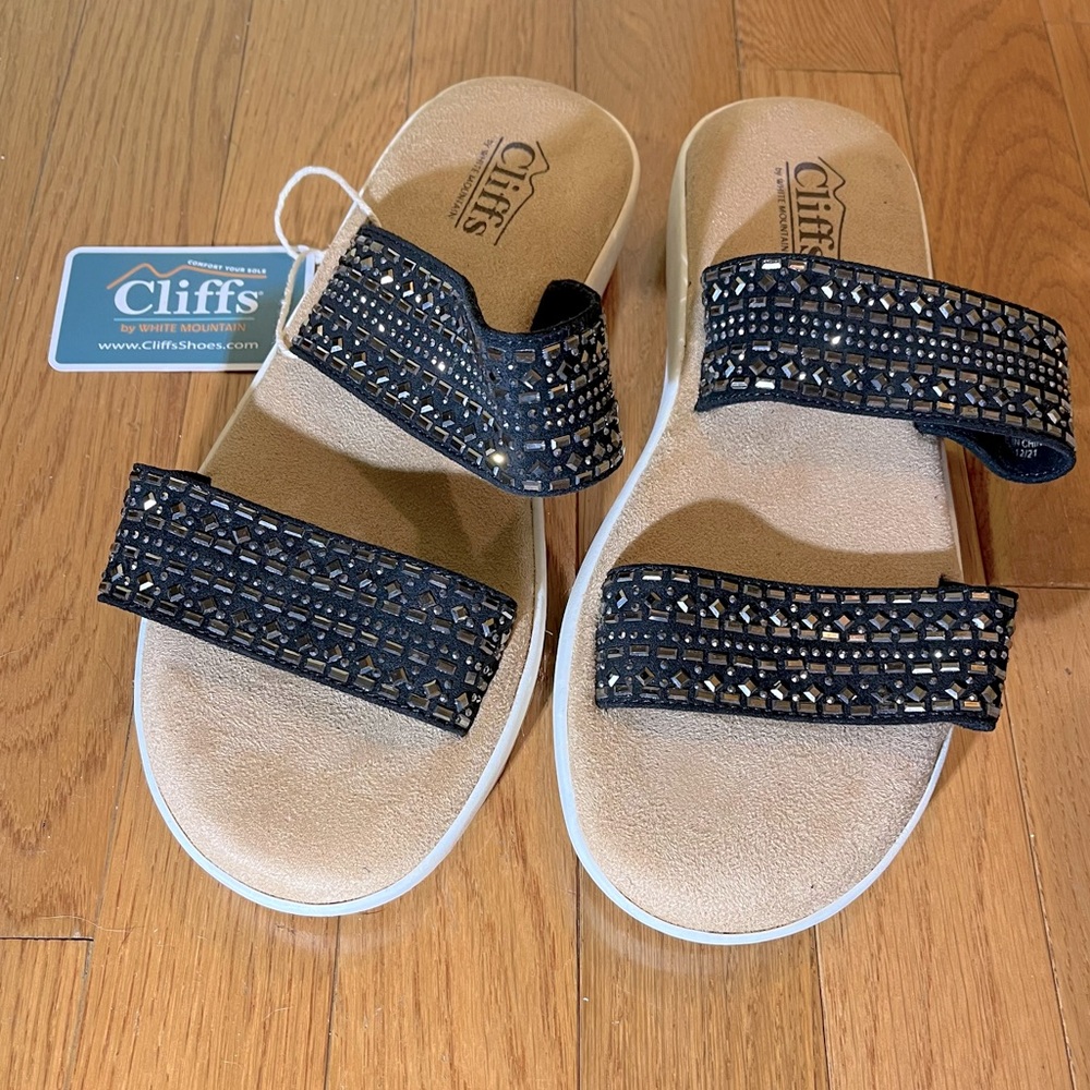 Cliffs White Mountain Mucho Women's Slide Sandal Double Strap Black Sequin 7.5